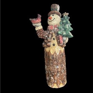 Festive Snowman Figurine Christmas Holiday Decor with Tree and Cardinal Bird